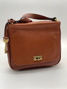 Fossil Brown Leather Crossbody Heritage Turn Lock Shoulder Bag Key Charm